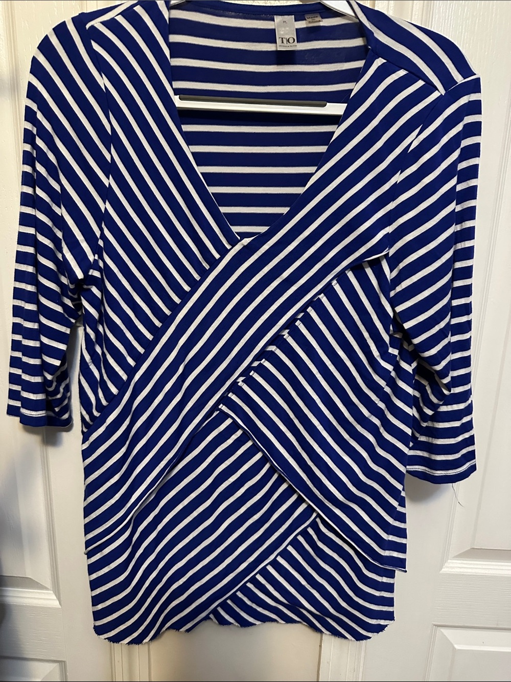 Blue and White Striped Wrap-Style Top